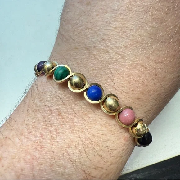 Multi Gemstone GOLD FILLED WIRE WRAPPED BANGLE BRACELET Malachite Onyx Rhodonite - Picture 1 of 6